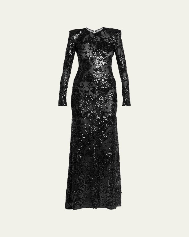 Long-Sleeve Backless Sequined Gown